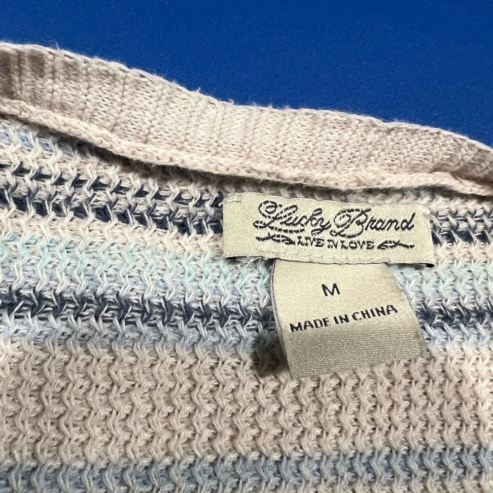 Lucky Brand Sweater Women M Beige Open Cardigan Fringe Southwestern Boho Knit